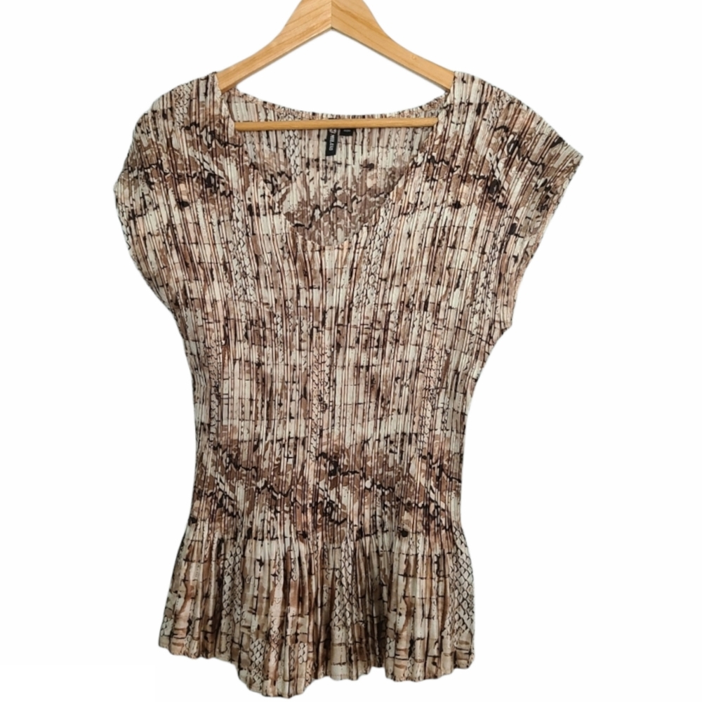 BROWN ABSTRACT SATIN STRETCH TOP - X-LARGE